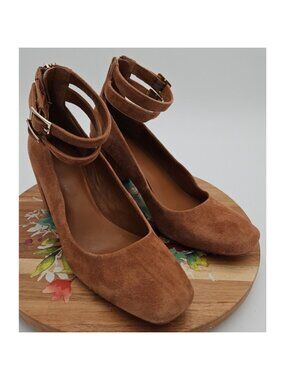 H by Halston REGINA Brown Suede Block‎ Heel Size 7M Double Ankle Strap Y2K *EUC*